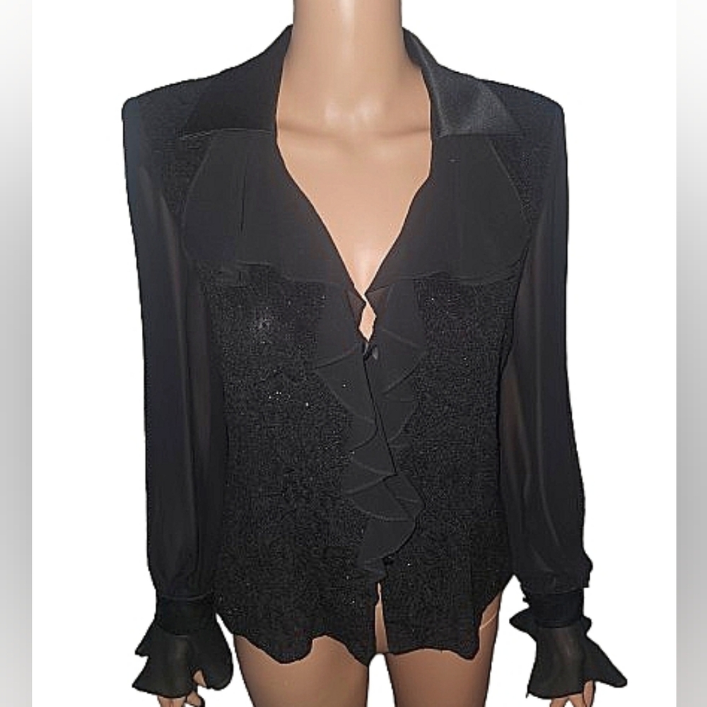 Vintage Alex Evenings Black Sequin Ruffle Blouse S